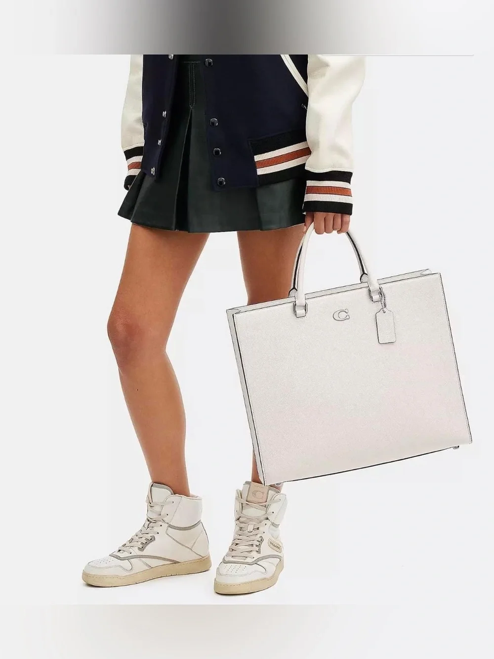 Coach Tote Bag 40 With Signature Canvas Chalk Leather Webbing Strap Unisex CJ844